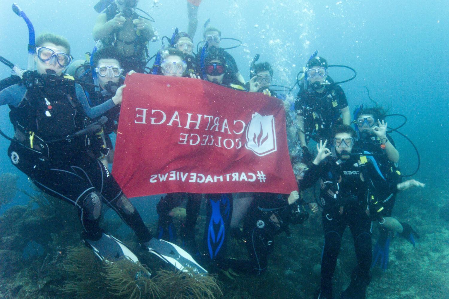 学生们手持<a href='http://ecw.ngskmc-eis.net'>博彩网址大全</a>旗帜，在j学期洪都拉斯游学之旅中潜水.